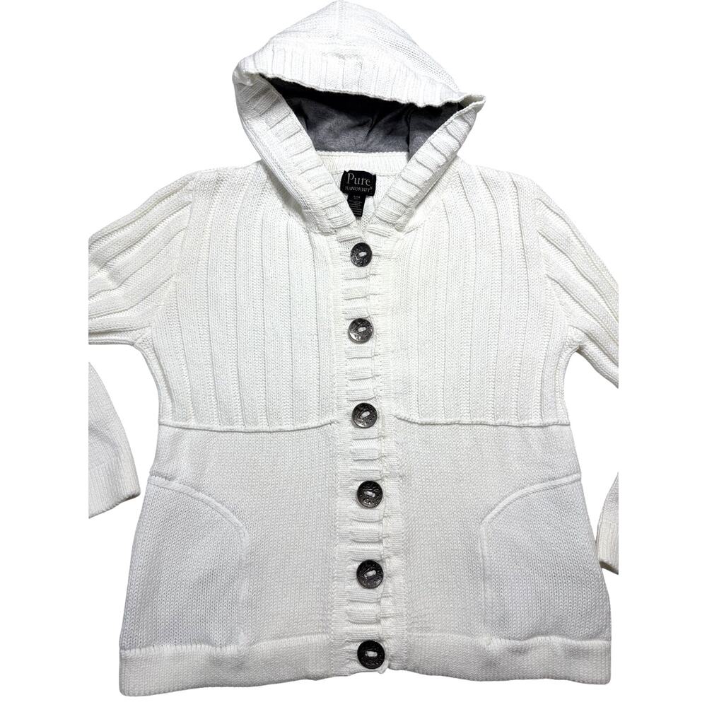 Pure Handknit Cotton Hooded Cardigan Sweater White Coastal Grandma Womens Sz S M